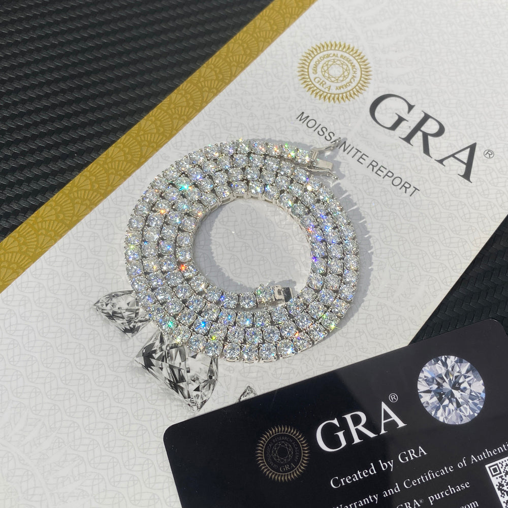 Rhodium-plated 925 silver tennis chain with 2mm VVS moissanite stones, featuring a sleek and elegant jewelry design by MCROONS.