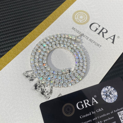 Rhodium-plated 925 silver tennis chain with 2mm VVS moissanite stones, featuring a sleek and elegant jewelry design by MCROONS.