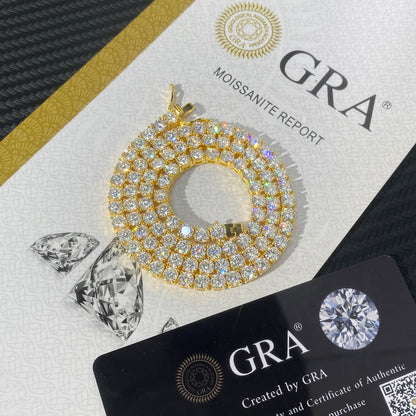 Yellow gold plated 925 silver VVS moissanite tennis chain and bracelet in 2mm size, featuring fine jewelry craftsmanship by MCROONS.