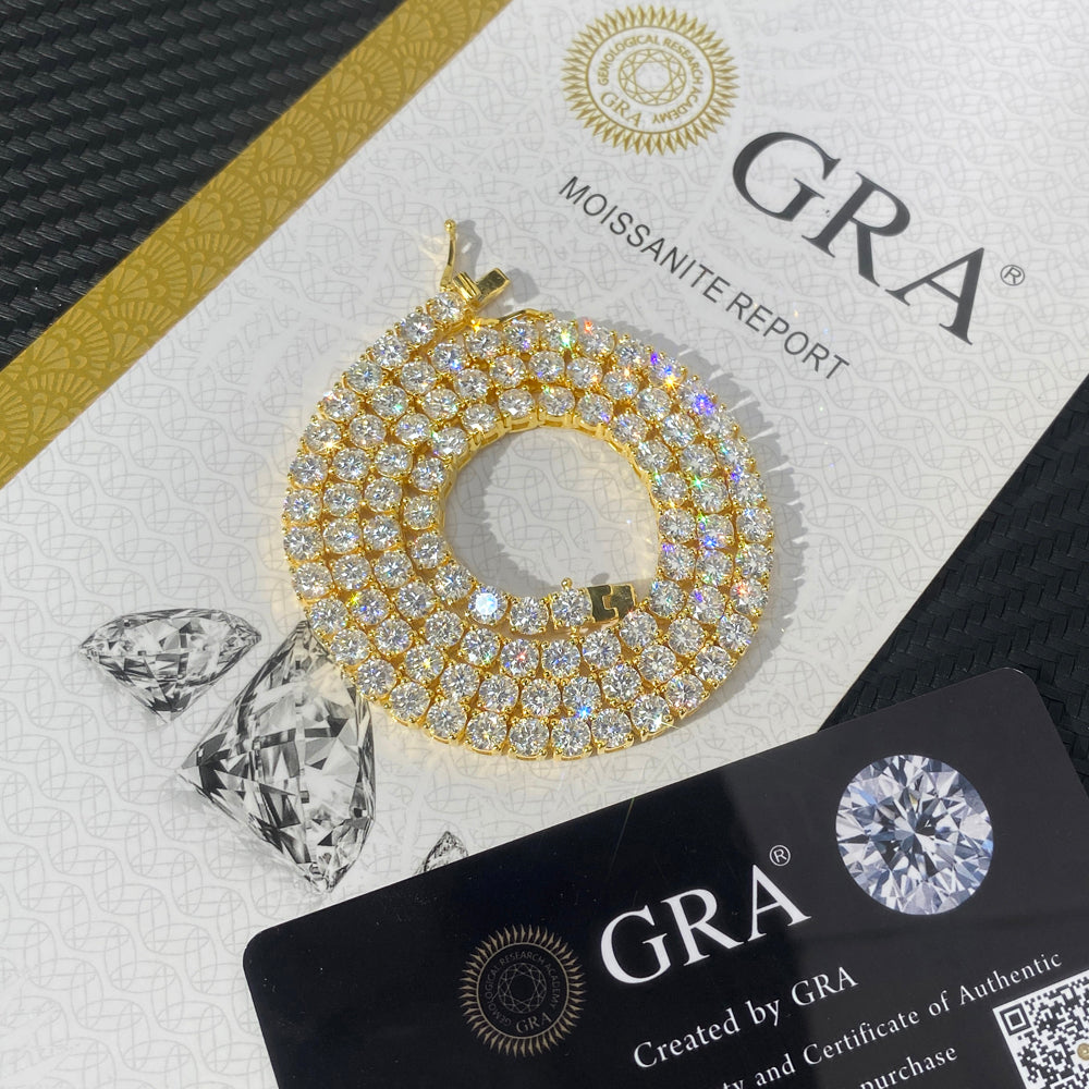 Yellow gold plated 3mm VVS moissanite tennis chain necklace and bracelet set in 925 silver by MCROONS.