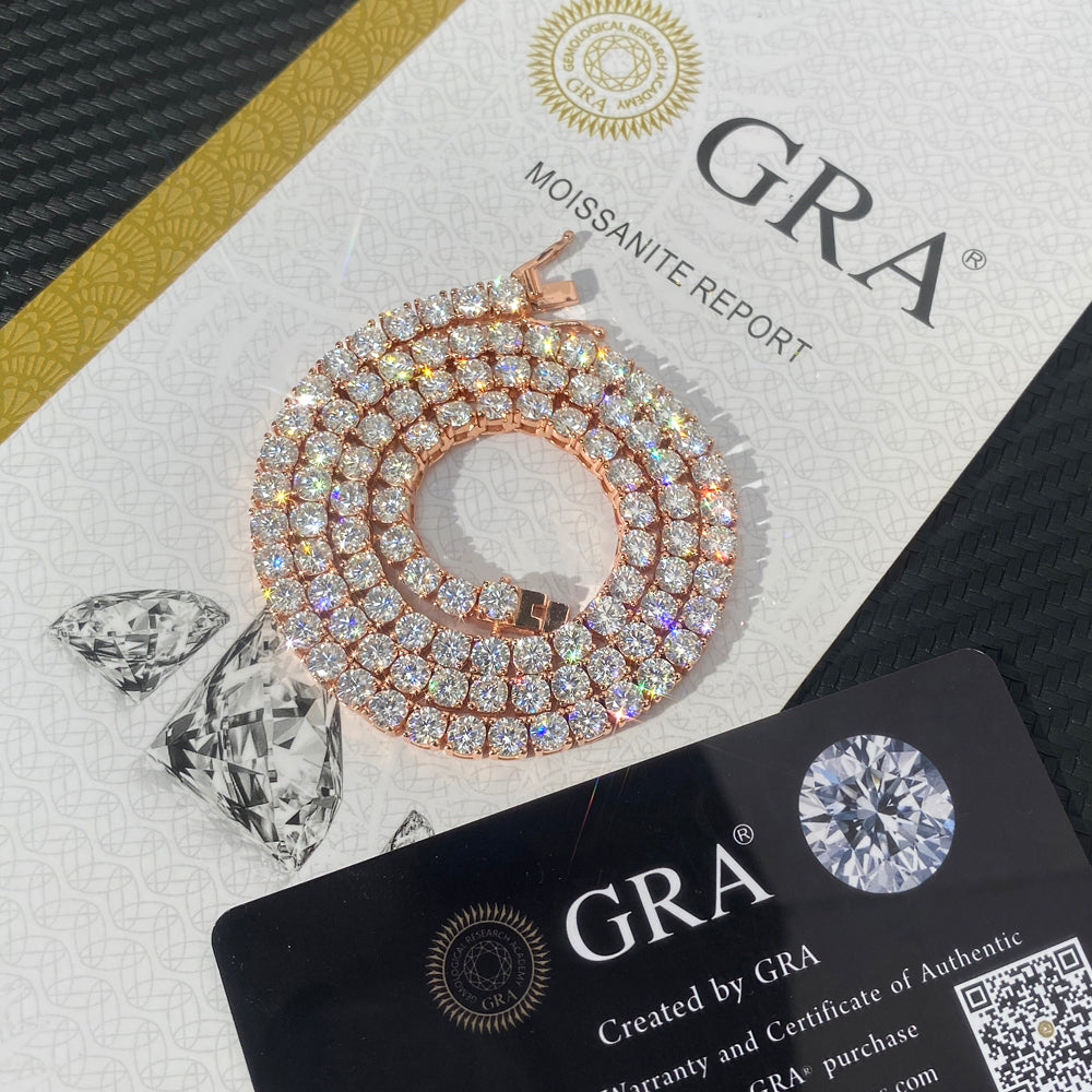 Rose gold-plated tennis chain necklace and bracelet with 6.5mm VVS moissanite 925 silver jewelry by MCROONS