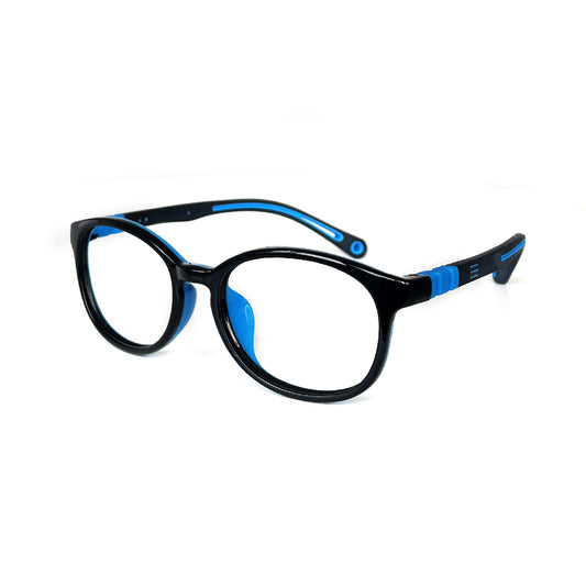 MCROONS Kids oval silicone eyeglasses with flexible, comfortable frames in black, blue, teal, pink, and lavender for boys and girls.