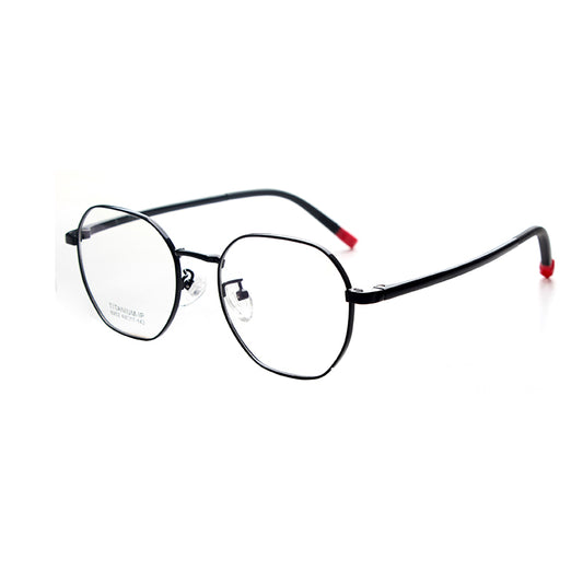 MCROONS kids' octagonal metal eyeglasses with black temple contrast frames in silver, rose gold, pink, cyan, and black.
