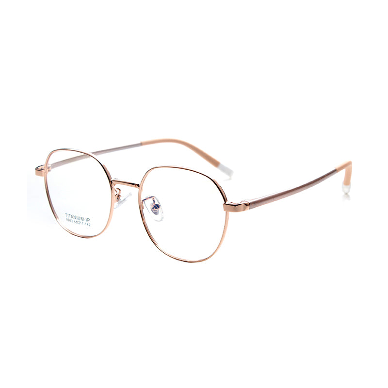 MCROONS kids' geometric pentagon eyeglasses with stainless steel frames in silver, rose gold, pink, and cyan for boys and girls.