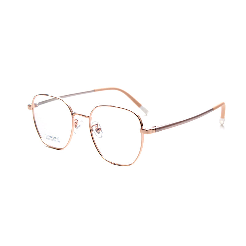 MCROONS kids' rose gold geometric eyeglasses with modern frames, available in silver, pink, and black for boys and girls.