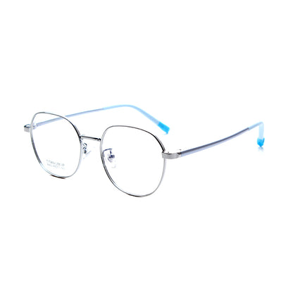 MCROONS kids' geometric pentagon eyeglasses with stainless steel frames in silver, rose gold, pink, and cyan colors.