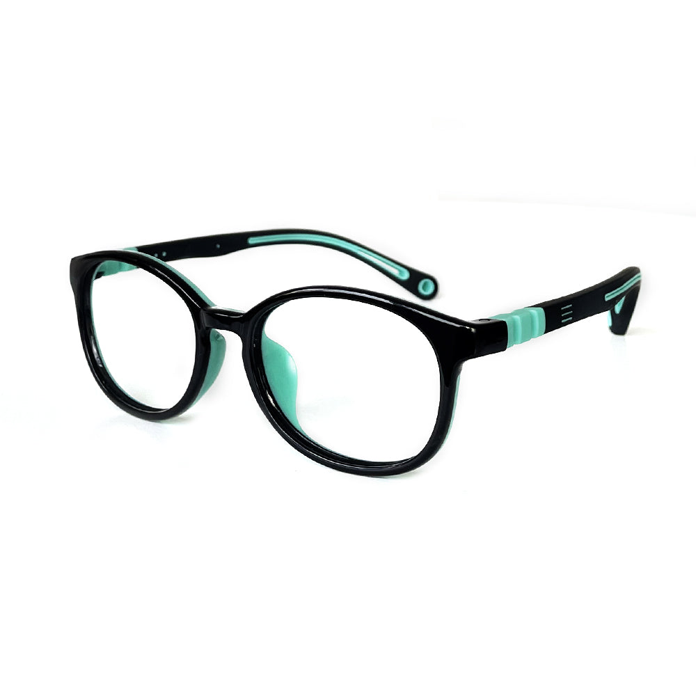 MCROONS kids oval silicone eyeglasses in black, blue, teal, pink, and lavender with flexible, comfortable frames for boys and girls.