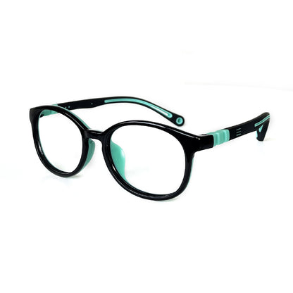 MCROONS kids oval silicone eyeglasses in black, blue, teal, pink, and lavender with flexible, comfortable frames for boys and girls.