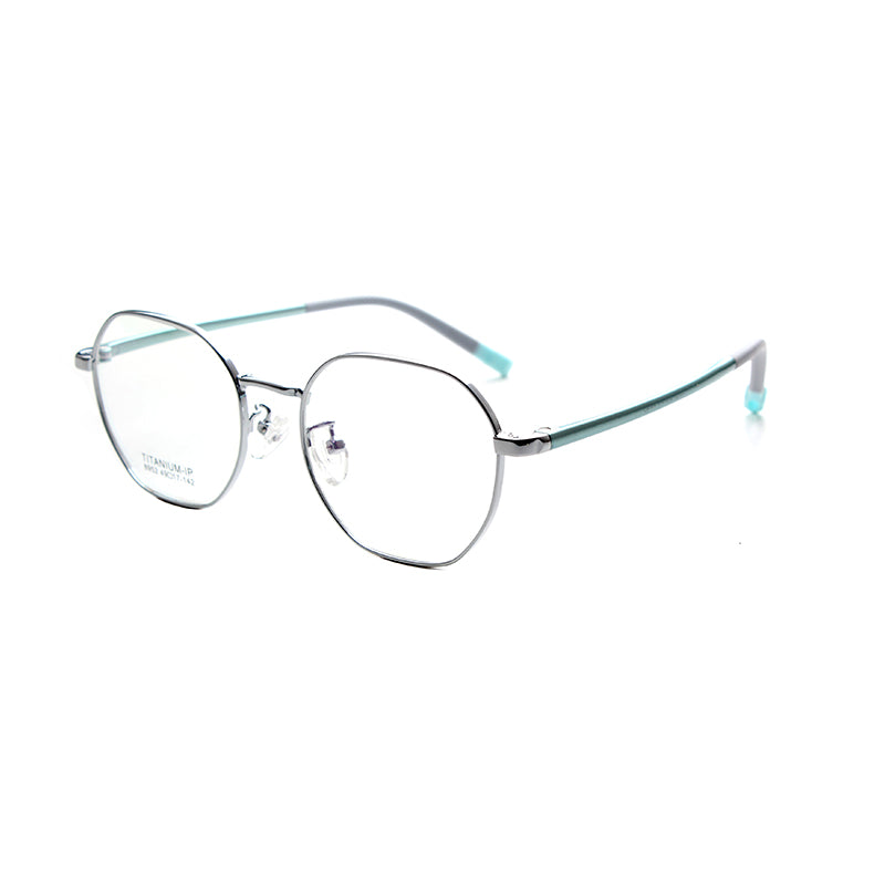 MCROONS kids octagonal metal eyeglasses with black temple contrast frames in silver, rose gold, pink, cyan, and black.