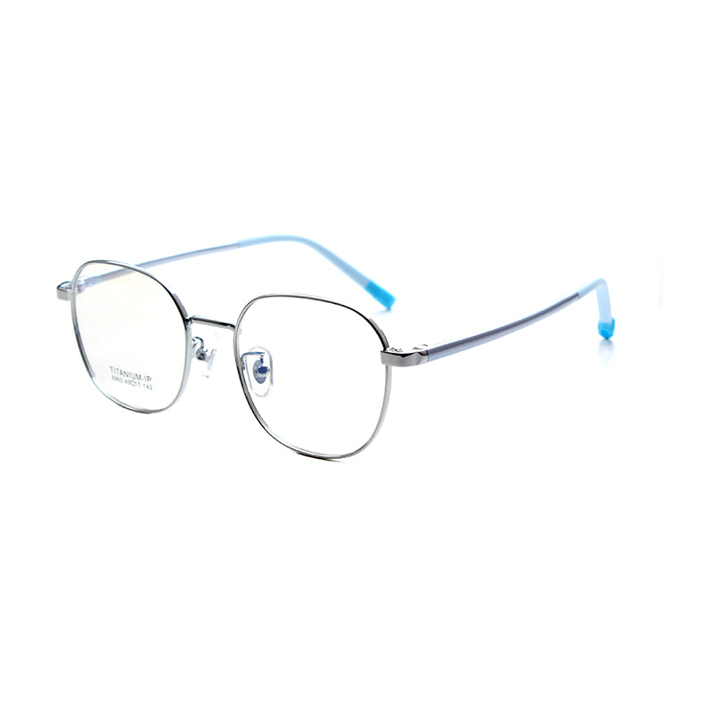 MCROONS kids' geometric eyeglasses with stainless steel frames in black, silver, rose gold, cyan, and pink.