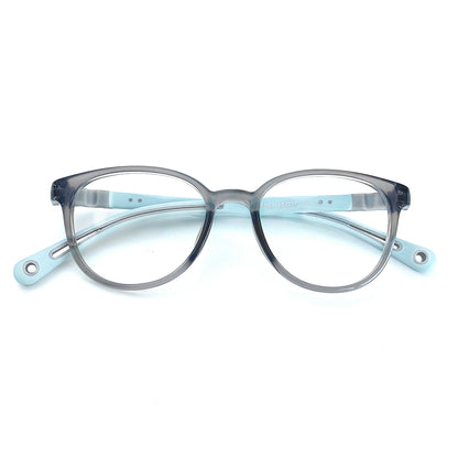 MCROONS Kids Cat-Eye Silicone Glasses in blue, pink, lavender, and light blue with playful flexible frames for boys and girls.