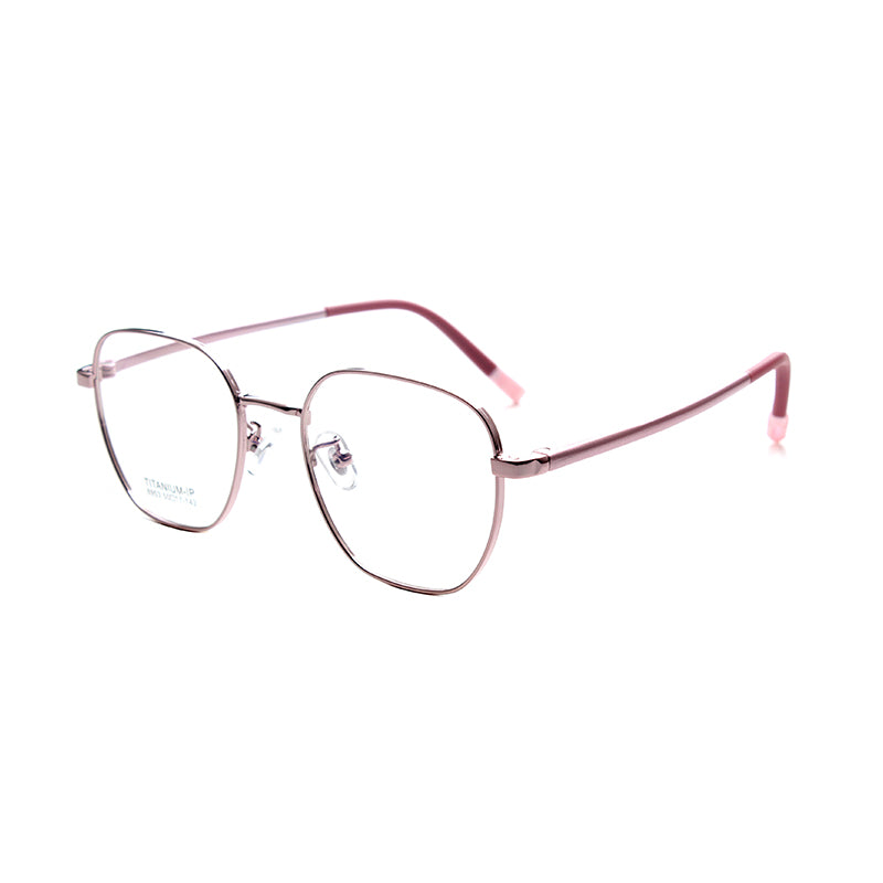 MCROONS kids rose gold geometric eyeglasses with modern frames, available in silver, pink, and black for boys and girls.