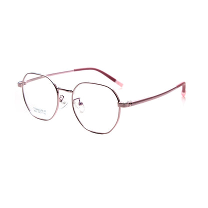 Kids' MCROONS geometric pentagon eyeglasses with stainless steel frames in silver, rose gold, pink, and cyan for boys and girls.