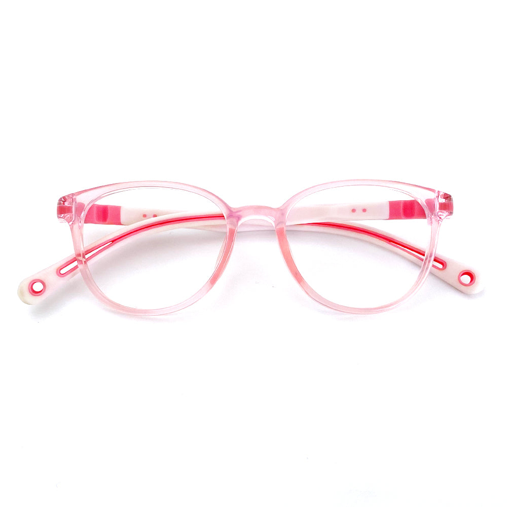 Colorful MCROONS kids' cat-eye silicone eyeglasses in blue, pink, lavender, and light blue with playful flexible frames for boys and girls.