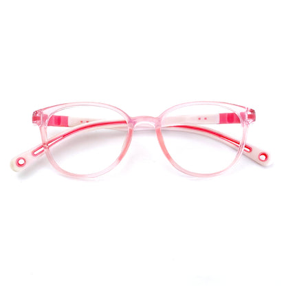 Colorful MCROONS kids' cat-eye silicone eyeglasses in blue, pink, lavender, and light blue with playful flexible frames for boys and girls.