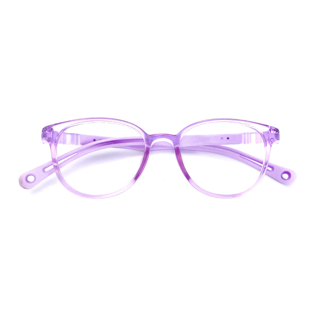 MCROONS Kids cat-eye silicone glasses with playful, flexible frames in blue, pink, lavender, and light blue for boys and girls.