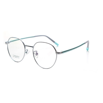 MCROONS kids eyeglasses with geometric frames in silver, rose gold, pink, black, and cyan for boys and girls.