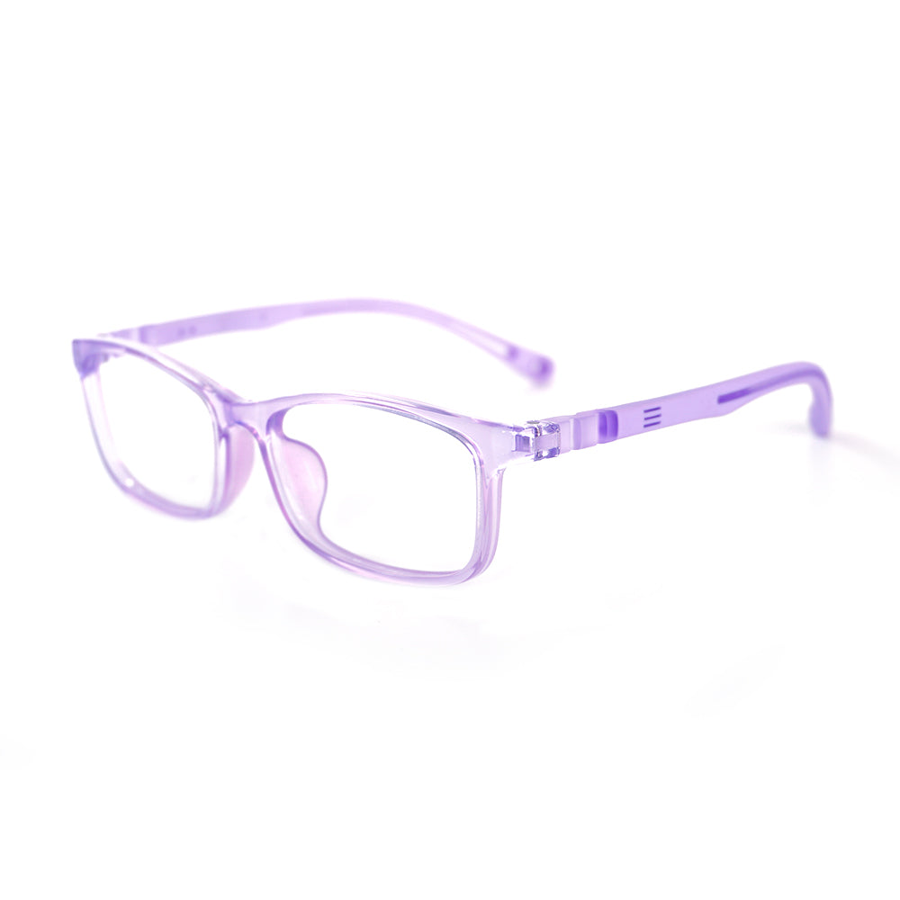 Light purple MCROONS kids' silicone rectangle eyeglasses for boys and girls, with a comfortable and whimsical design.