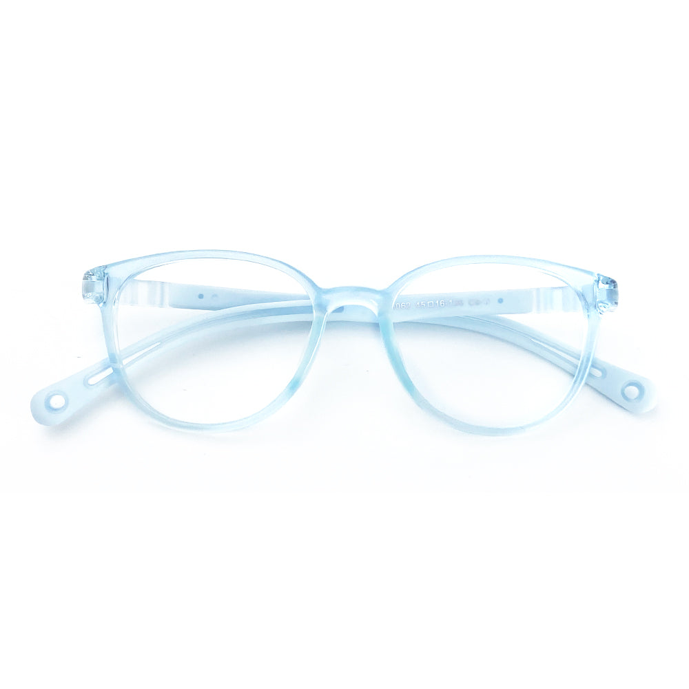 MCROONS kids cat-eye silicone glasses with colorful, flexible frames in blue, pink, lavender, and light blue for boys and girls.