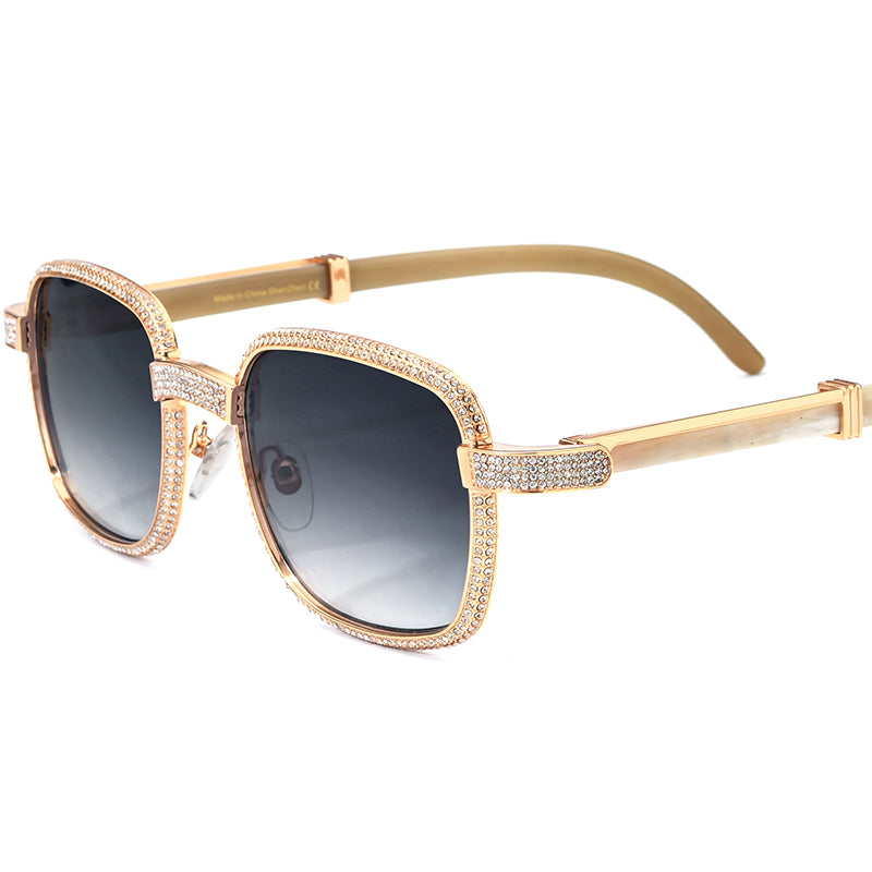 Diamante Square Sunglasses with Horn-Effect Temple - White - MCROONS