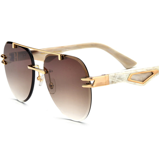 Oversized Rimless Aviator Sunglasses with Horn Temple - White Tea Lens - MCROONS